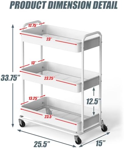 Simple Houseware 26" Extra-Wide 3-Tier Heavy Duty Metal Utility Cart, White - Image 2
