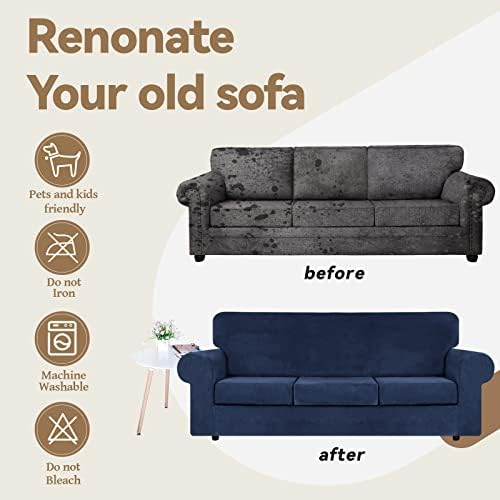 WEERRW 4 Pieces Couch Cover for Sofa Velvet Sofa Covers Washable, Navy Blue - Image 5