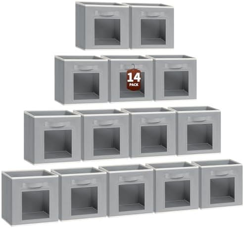 Homsorout Storage Cube 11 Inch - Cube Storage Bins with Window, Closet Storage Baskets with Handle, Fabric Bins for Closet, Shelves, Toys, Clothes, Set of 14, Grey by Homsorout