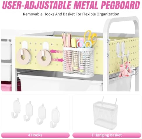 14 Drawer Rolling Storage Cart with Tabletop and Pegboard for Crafts Pink - Image 6