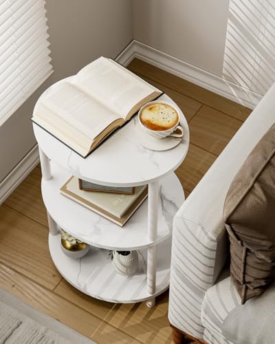 Small Round Side Table - 3-Tier Oval Accent Table for Small Spaces, Rustic Wood and Metal Couch End Table, Nightstand for Bedroom or End Table Living Room, Set of 2, Marble White - Image 4