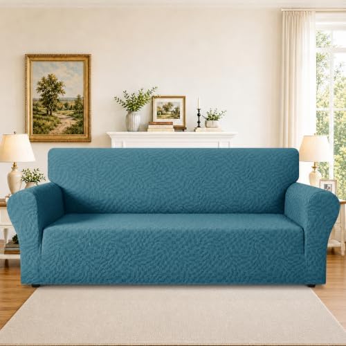ZNSAYOTX 1 Piece Stretch Sofa Covers for 3 Cushion Couch (72"-90"), New Plaid Couch Cover with Non-Slip Buckle for Dog Pets, Ultimate Soft Cozy Washable Sofa Slipcover Form Fit Protector, Teal - Image 2