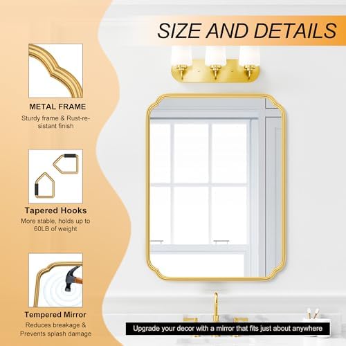 Ferytange 28"x36" Gold Bathroom Mirror with Rustproof Metal Frame, Modern Rounded Corner Wall Mirror for Vanity Over Sink, Horizontal/Vertical Hanging - Image 6