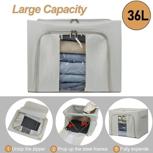 3PCS 36L Clothes Storage Bins with Metal Frame, Stackable Clothing Storage Boxes Containers with Lids, Foldable Oxford Fabric Clothes Organizer Bags Closet Organizers Organizing Bin for Sheet - Image 2