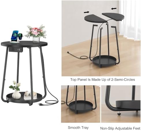 sthmec Small Round Side End Table with Storage and Charging Station, 2 Tier Round Bedside Sofa Couch Coffee Tables with Tray, Metal Nightstand for Small Spaces, Living Room Bedroom, Black - Image 4