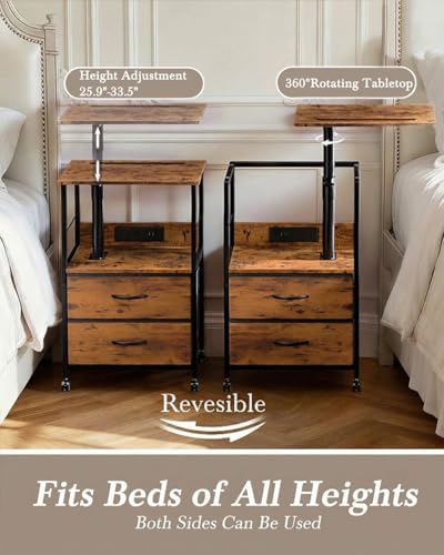 Faesun Swivel Lift Top Nightstand with Charging Station, Rolling Side Table for Recliner, Bedside Table with Wheels & 2 Fabric Drawers, for Small Spaces, for Bedroom, Living Room, Brown - Image 3