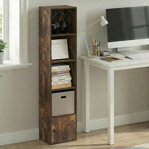 Furinno LUDER Book Shelf, 5-Tier Bookshelf with Open Shelf, Standing Bookcase with 1 Door Cabinet, 9.3 x 12 x 52, for Organization and Storage, for Living Room, Bedroom, Home Office, Amber Pine - Image 2