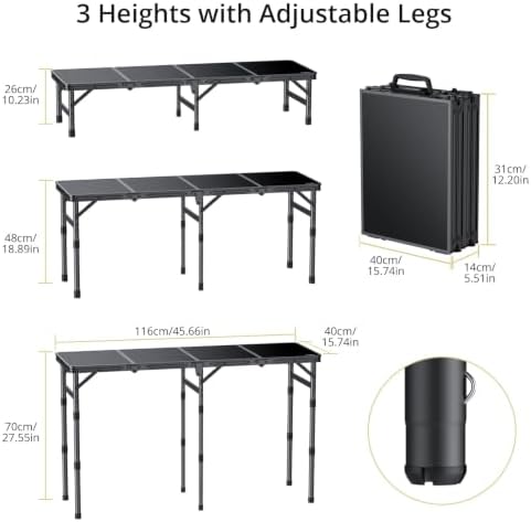 Anbte 4-Fold Camping Table, 46” X 16” Portable Folding Camping Table, Black - Image 3