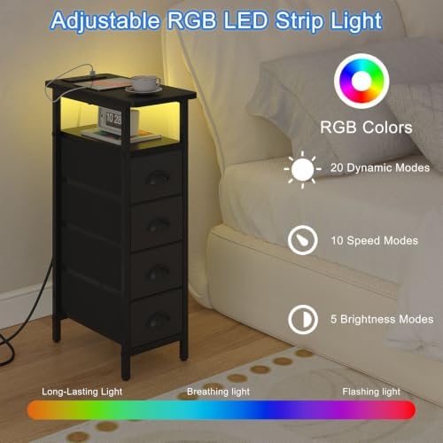 sthmec Side Table with Charging Station, Narrow End Table with 4 Drawers, LED Nightstands with Fabric Drawers,Slim Sofa Couch Side Tables for Small Spaces,Living Room,Bedroom, Black - Image 5