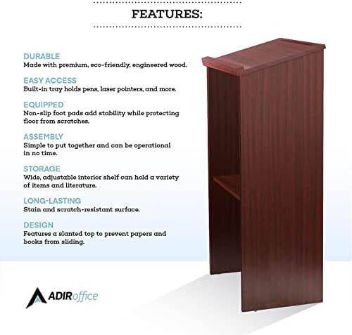 AdirOffice Wooden Podium with Storage Shelf - Speaking Lectern, Hostess Station for Restaurant, 46.25 Inches, Mahogany - Image 3