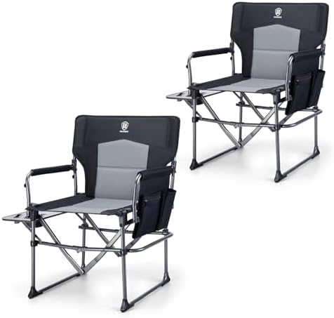 EVER ADVANCED Camping Directors' Chair with Side Table, Portable Folding with Compact Size, Heavy Duty Lawn Chair with Pocket for Camping, Lawn, Sports and Fishing, 400lbs, Black 2 Pack by EVERADVANCED