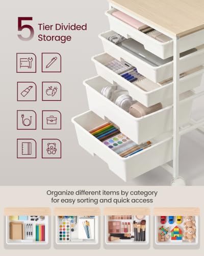 VASAGLE Rolling Cart with Drawers,5 Drawers Storage Cart, White - Image 6
