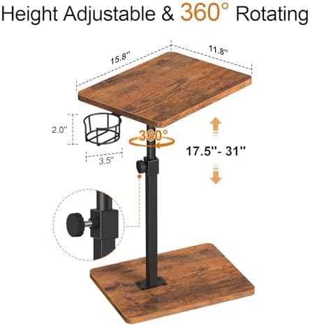Giikin TV Tray Table, 360° Swivel Height Adjustable TV Trays for Eating on Couch,Sofa Armrest Side Table for Small Spaces Sofa Bed Dinner, Rustic Brown - Image 3