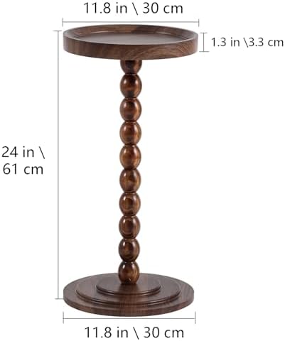 Round Pedestal SideTable Living Room, 24 in tall Small Drink Table Walnut - Image 2