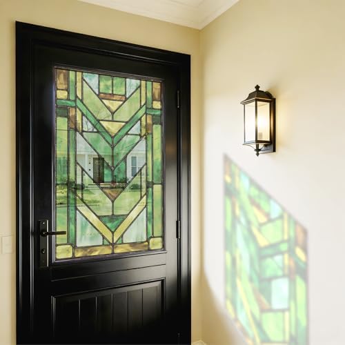 Faux Stained Glass Effect Transparent Window Film, Original Hand Drawn Static Cling Home Decal Inspired by Frank Lloyd Wright, 22.83" x35.43" Martin House, Green by Flortlias