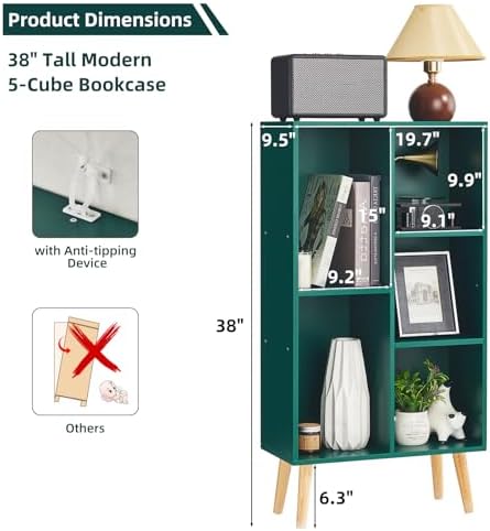 LEYAOYAO 5 Cube Bookshelf,Mid-Century Modern Bookcase with Legs,Dark Green - Image 2
