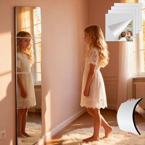 Unbreakable Kids Mirror Tiles for Wall Decor, 4 PCS 16 x 12 Inches Toddler Mirror Full Length, Stick on Classroom Small Plastic Baby Mirrors, Shatterproof Home Gym Acrylic Door Mirrors for Bedroom by Unknown