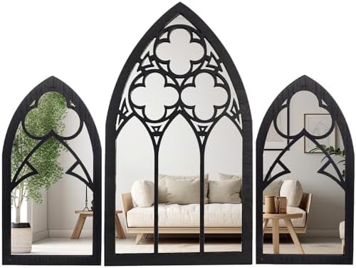Gothic Mirrors Wall Decor - 3 Piece Set 15.8 Inch Gothic Furniture Cathedral Mirrors - Halloween Decor for Bathroom and Kitchen - Goth Accessories for Bedroom - Witchy Gifts for Women by BULICADO