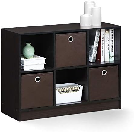 Furinno BASIC Book Shelf, 6-Cube Bookshelf with Open Shelf, 3 x 2 Bookcase with Storage Bins, Closed Back, Horizontal, 11.9 x 31.6 x 23.6, for Living Room, Bedroom, Home Office, Dark Walnut by Furinno-FitsYourSpaceFitsYourBudget