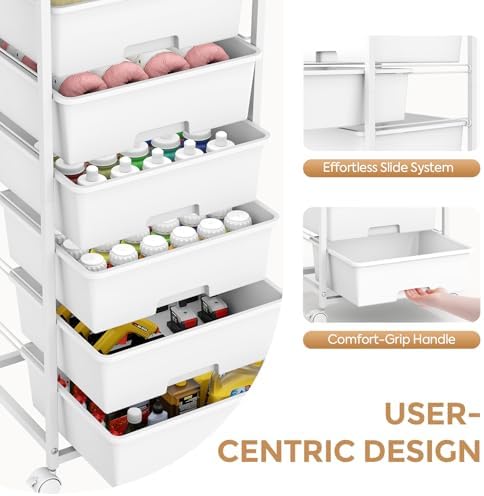 6 Drawer Rolling Storage Cart with Wooden Top and Wheels for Crafts,White - Image 4