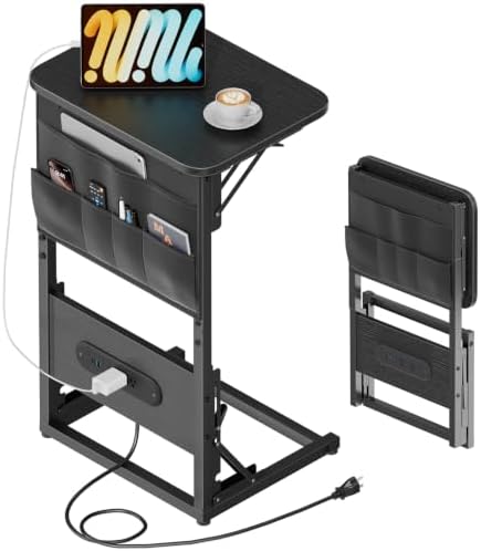HLDIRECT C Shaped End Table with Charging Station & Storage Bag Black by HLDIRECT