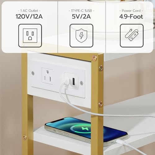 HOOBRO Small Narrow Side Table with Charging Station, Skinny End Table for Small Spaces, Slim Nightstand with USB Ports Outlet, Sofa Beside Table with Storage Shelf, White and Gold DW102UBZ01 - Image 6