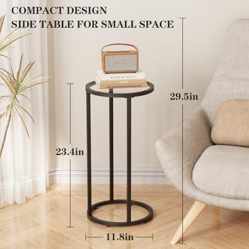 Easy Paws Round Side Table,Glass C Table,Couch End Table, Tempered Glass Snack Table with Metal Frame, Sofa Couch Bedside Table,TV Tray Table for Small Space(Black) - Image 3