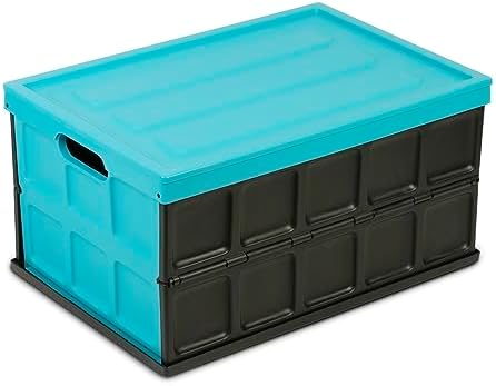 Glad Collapsible Storage Bin with Lid - 48L Foldable Plastic Box for Garage, Car Trunk, and Organization - Stackable Lidded Container with Handles, Turquoise by GladTrashFoodStorage