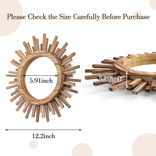 12 Inch Boho Sunburst Mirror, Round Wooden Wall Decor Starburst Sun Mirror for Bedroom, Living Room, Bathroom, Hallway, Balcony, Farmhouse Entryway, Housewarming Gift（Rustic Brown - Image 3