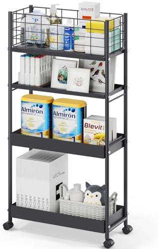 KINGRACK 4 Tier Slim Rolling Cart, Metal Utility Storage Cart with Wheels | 5.7" Raised Edge, Narrow Space Trolley Organizer for Bathroom, Kitchen, Office, Dorm, Laundry, Living Room, Black by KINGRACK