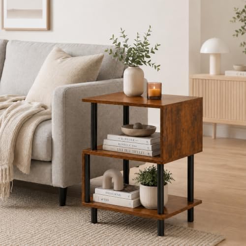 Frylr Small Side Table, End Table and Nightstand with 3-Tier Wood Shelves, Sturdy Metal Frame with 44 LBS Capacity per Shelf, Easy to Assemble for Living Room or Bedroom,Dark Brown by Frylr
