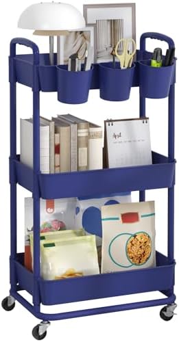 JIUYOTREE 3-Tier Plastic Rolling Storage Cart Utility Cart Blue by JIUYOTREE