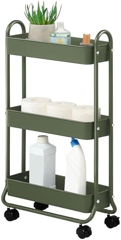 SunnyPoint Slim Rolling Storage Cart, 3 Tier Bathroom Storage Organizer Bathroom, Laundry Utility Cart (Army) by SunnyPoint