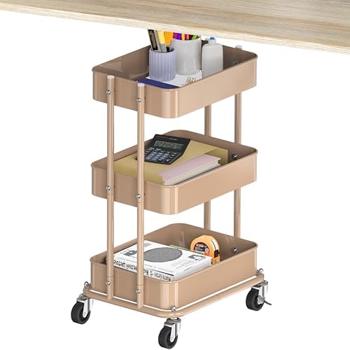 Simple Houseware 3-Tier Utility Cart, Low 24" Height Fits Under Desk, Khaki by SimpleHouseware