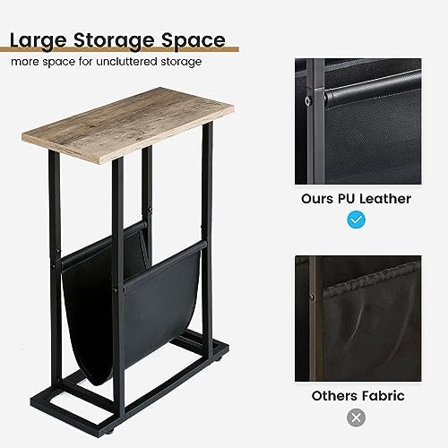 FLYJOE Narrow Side Table with PU Leather Magazine Holder Rustic Slim Little Thin Table for Living Room, Bedroom, Sofa, Grey - Image 5