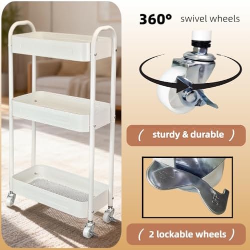 3 Tier Narrow Rolling Storage Cart for Laundry Room Bathroom Kitchen, 7.1'' Slim Utility Cart with Wheels and Lockable Casters Standing Shelf for Small Space & Between Washer and Dryer, White - Image 3