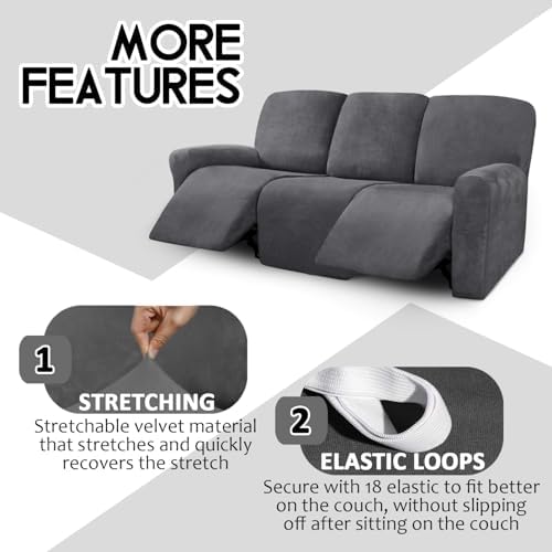 ULTICOR Velvet 8-Pieces Recliner Sofa Covers Stretch Reclining Couch Covers for 3 Cushion Reclining Sofa Slipcovers Furniture Covers Thick Soft Washable (3 Seater Recliner Cover, Dark Gray) - Image 4