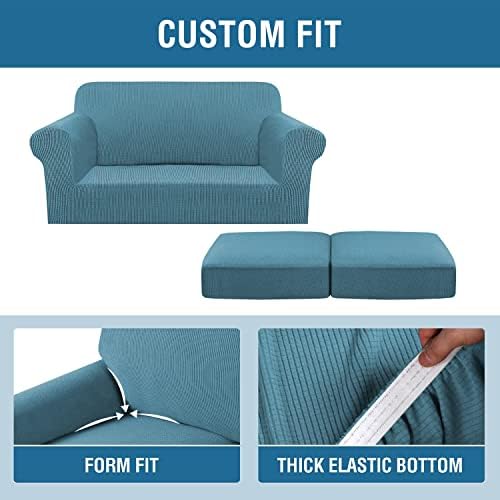 H.VERSAILTEX 3PC Stretch Sofa Covers for Loveseat - Base & 2 Seat Cushions, Thicker Jacquard Fabric (Medium, Storm Blue) - Image 4