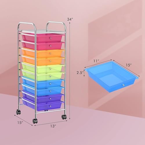 10-Drawer Rolling Storage Cart, Trolley w/Lockable 360° Wheels, 10 Removable PP Drawers, Sturdy Metal Frame, Rolling Utility Cart Perfect for Home, Office, Classroom (Rainbow) - Image 3