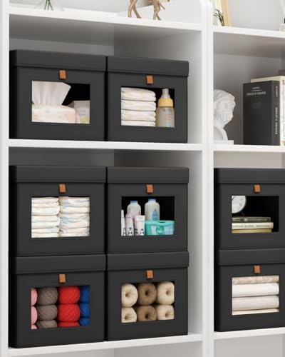 Homsorout Storage Bins with Lid – Closet Organizer with Side Opening and Clear Window, Foldable Stackable Fabric Basket for Clothes, Home, Office - 13.77" x 11.8" x 9.8", 3 Pack, Black - Image 6