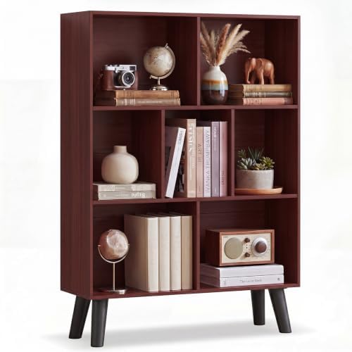 YAHARBO Walnut Bookshelf,3 Tier Book Shelf with Legs, 7 Cube Minimalist Bookcase,Storage Organizer Shelves Display Bookcases for Bedroom,Living Room by YAHARBO
