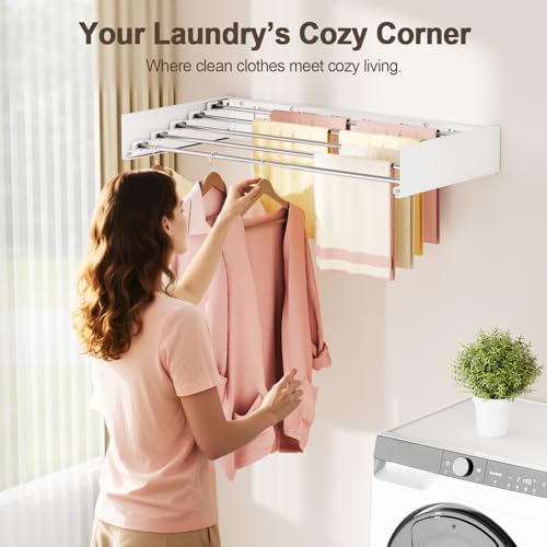 Wall Mounted Clothes Drying Rack Folding Indoor, Foldable Laundry Drying Rack Collapsible,Invisible, Space Saving, Retractable Towel Drying Rack, with Wall Template(5 Drying Rods, White 32") - Image 2