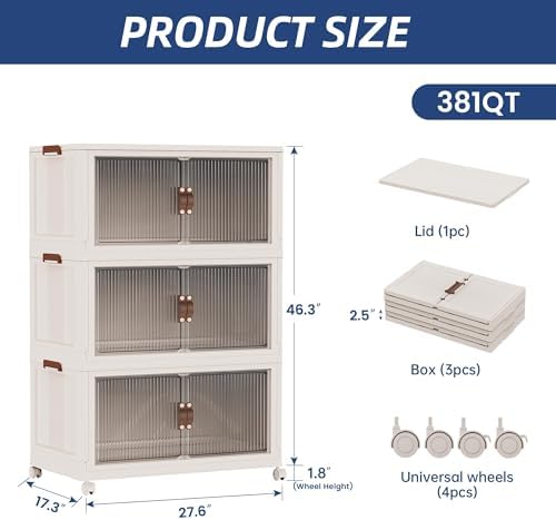 SAILUN 381Qt Extra Large Stackable Storage Bins Folding Collapsible Storage Bins with a Lid, Closet Organizers and Storage Blush White 28" W x 17" D x 46" H - Image 6