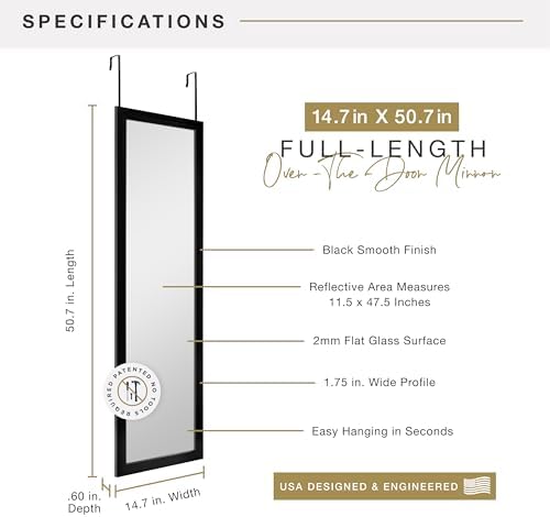 MCS 14.7x50.7 Black Over The Door Mirror, Full Length Hanging Mirror for Bedroom & Bathroom Doors, Lightweight Design with Patented No Tools Required Hanging System - Image 3