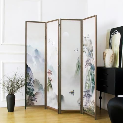 4 Panel Room Divider, 5.6 ft Tall Blackout Folding Privacy Screen - Double-Sided Freestanding Partition Wall with Different Patterns, Ink-wash Mountain Landscape for Home Office (67"H x 63"W) - Image 5