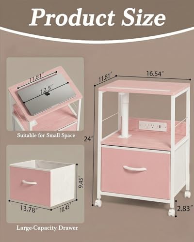 Faesun Swivel Lift Top Nightstand with Charging Station, Rolling Side Table for Recliner, Bedside Table with Wheels & a Fabric Drawer, for Small Spaces, for Bedroom, Living Room, Pink - Image 3