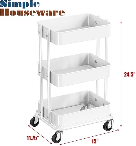 Simple Houseware 3-Tier Utility Cart, Low 24" Height Fits Under Desk, White - Image 3