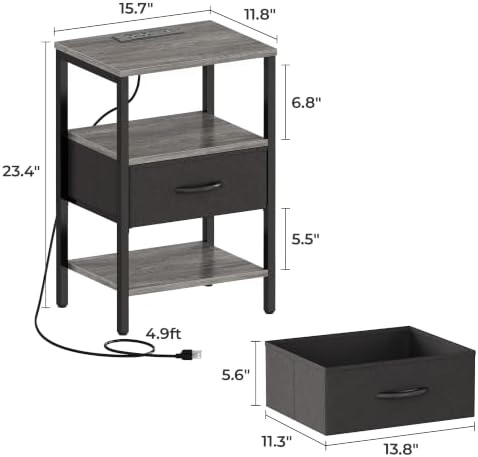 SUPERJARE Nightstand with Charging Station, Bed Side Table with Adjustable Fabric Drawer, Night Stand for Bedroom, 3-Tier Storage End Table, for Living Room, Charcoal Gray - Image 3