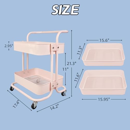 2 Tier Short Rolling Cart with Wheels All-Metal Pink Pantry Storage for Kitchen,Under Desk Trolley with Handle Small Wheeled Storage Cart for Laundry Room Bathroom, Under Table Small Space - Image 4