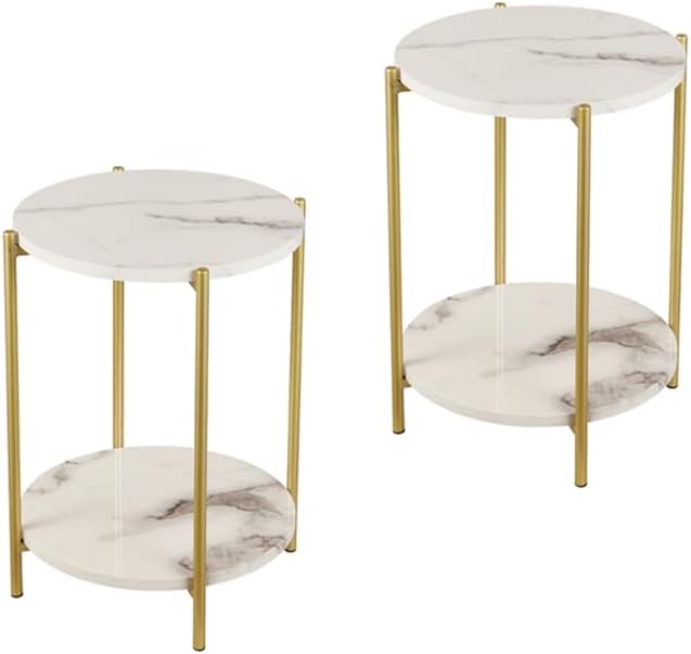 Gawicpy 2 Tier Round Side Table, Folding End Tables Coffee Table Simplistic Sofa Table Waterproof Removable Tray Table Indoor Outdoor Accent Table for Living Room Bedroom (Faux Marble White, 2pcs) by Gawicpy